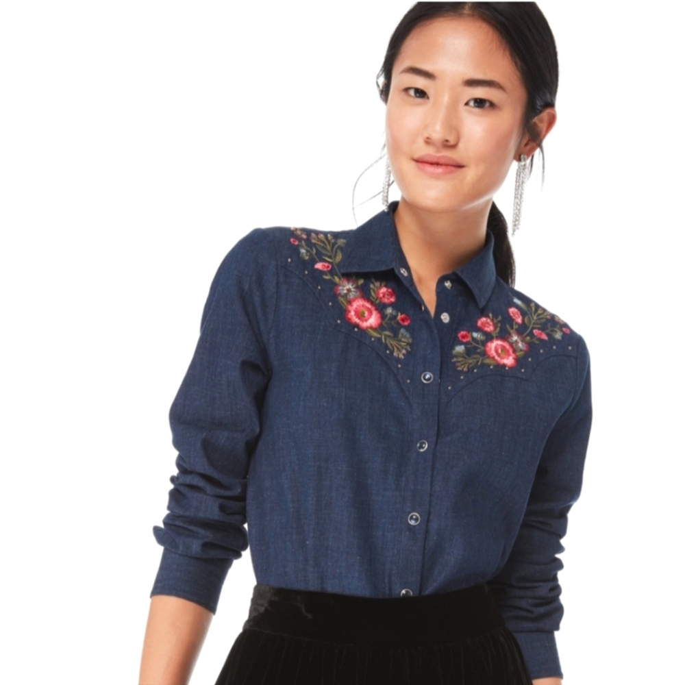 Kate Spade Embroidered Denim Button-Up Shirt Size Small